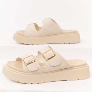 Almond Faux Leather Double Strap Platform Sandals