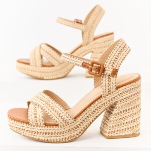 Almond Raffia Woven Open Toed Platform Heels