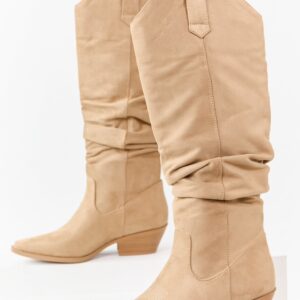 Beige Microsuede Western Style Slouch Tall Boots