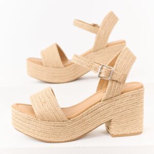 Beige Raffia Platform Ankle Strap Block Heels