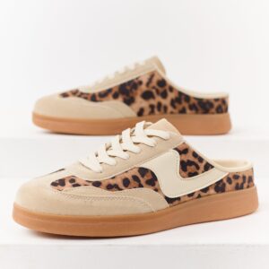 Biege Leopard Print Lace Up Slip On Mule Sneakers