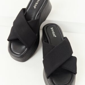 Black Cross Strap Slip On Open Toe Platforms