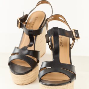 Black Cut Out T Strap Espadrille Platform Wedges