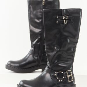 Black Faux Leather Buckle Detail Tall Boots