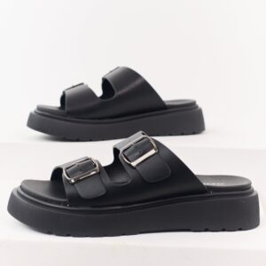 Black Faux Leather Double Strap Platform Sandals