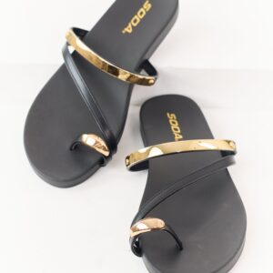 Black Faux Leather Gold Toe Strap Sandals