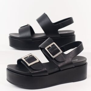Black Faux Leather Silver Buckle Platform Sandals