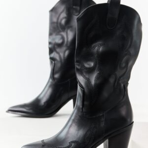 Black Faux Leather Stacked Heel Cowboy Boots