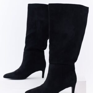 Black Faux Suede Pointed Toe Heeled Tall Boots