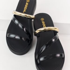 Black Triple Strap Platform Slip On Sandals