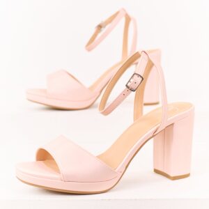 Blush Faux Leather Ankle Strap Block Heels