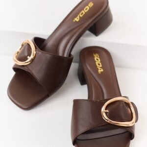 Cocoa Buckle Strap Slip On Square Toe Short Heels