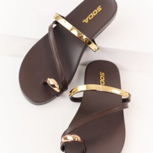 Cocoa Faux Leather Gold Toe Strap Sandals