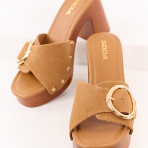 Cognac Faux Suede Buckle Strap Mule Block Heels