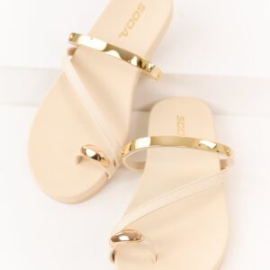 Cream Faux Leather Gold Toe Strap Sandals