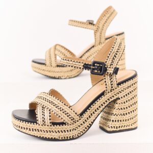 Desert Sand Raffia Woven Open Toed Platform Heels