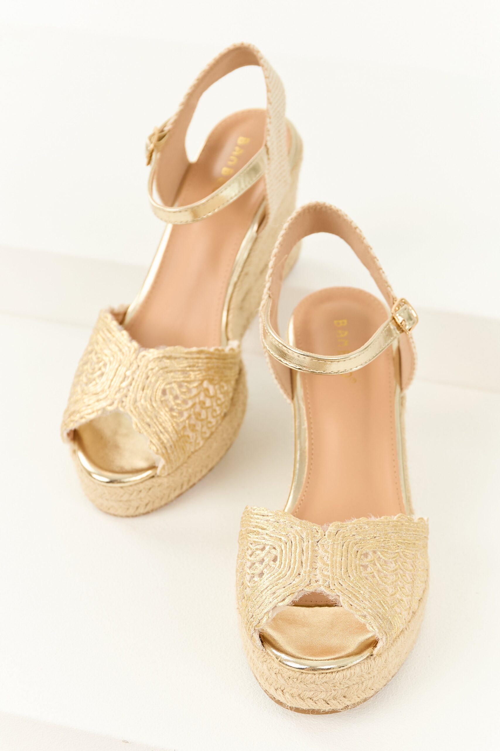 Gold Metallic Coated Crochet Strap Espadrille Wedges - Image 2