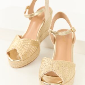 Gold Metallic Coated Crochet Strap Espadrille Wedges