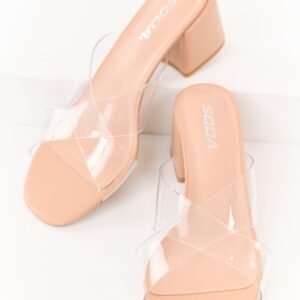 Nude Faux Leather Clear Cross Strap Block Heels