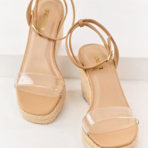 Nude Faux Leather Clear Strap Espadrille Wedges