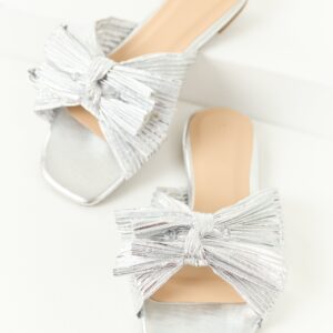 Silver Pleated Bow Ribbon Slip On Sandals